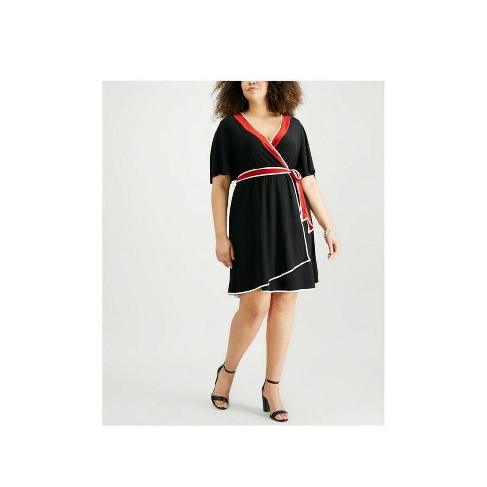 790 NEW 3XP NY Collection PLUS SIZE Flutter Sleeve Faux Wrap STRETCHY Black Red